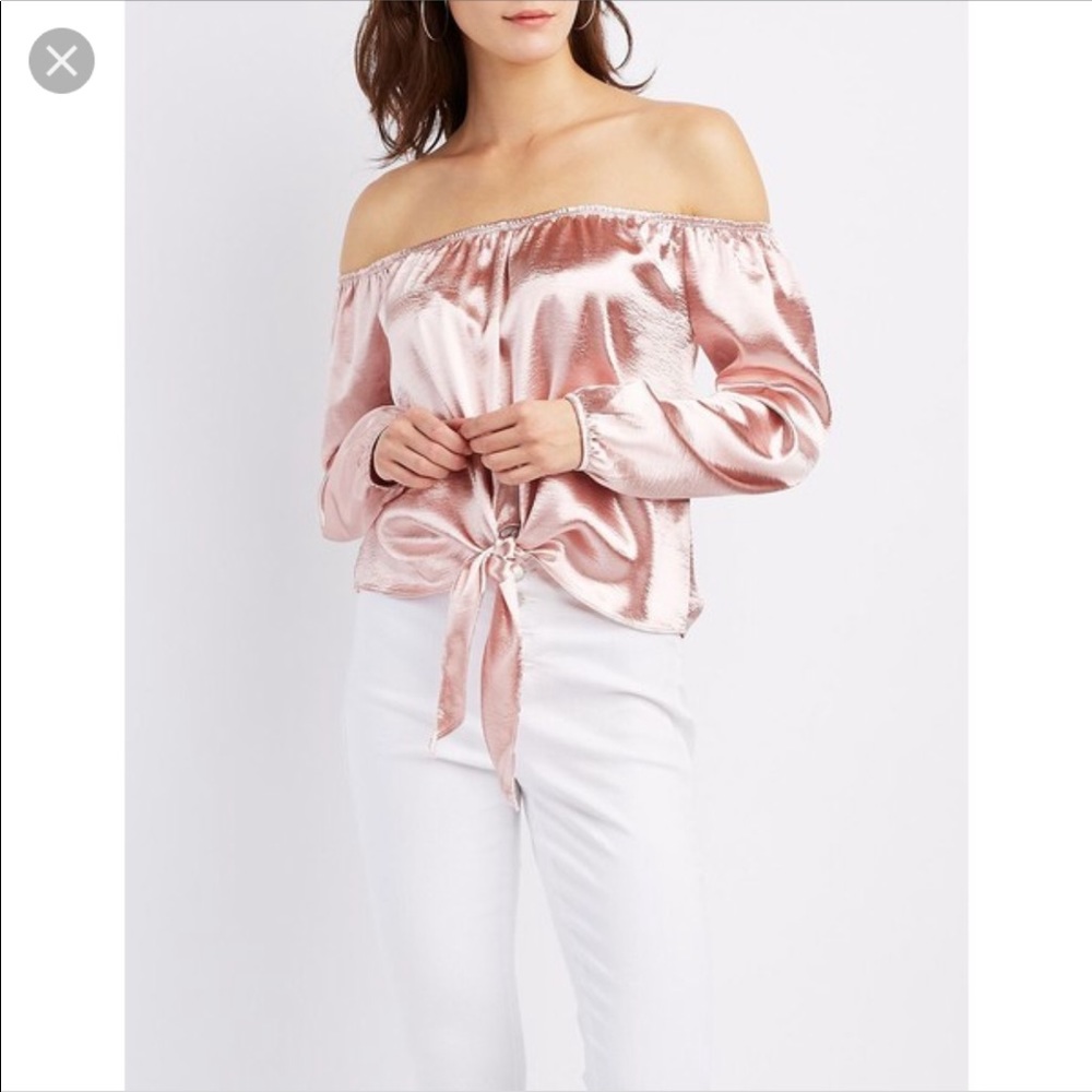 BNWT Pink "Satin" front tie off the shoulder top